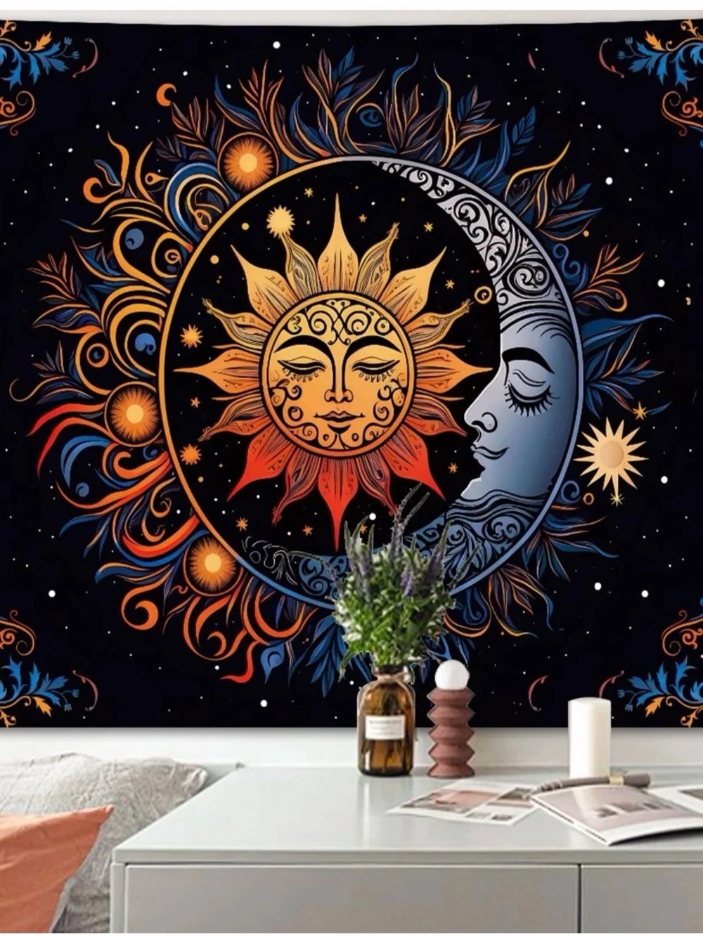 Hippie Sun and Moon Tapestry Wall Art in Blue and Orange